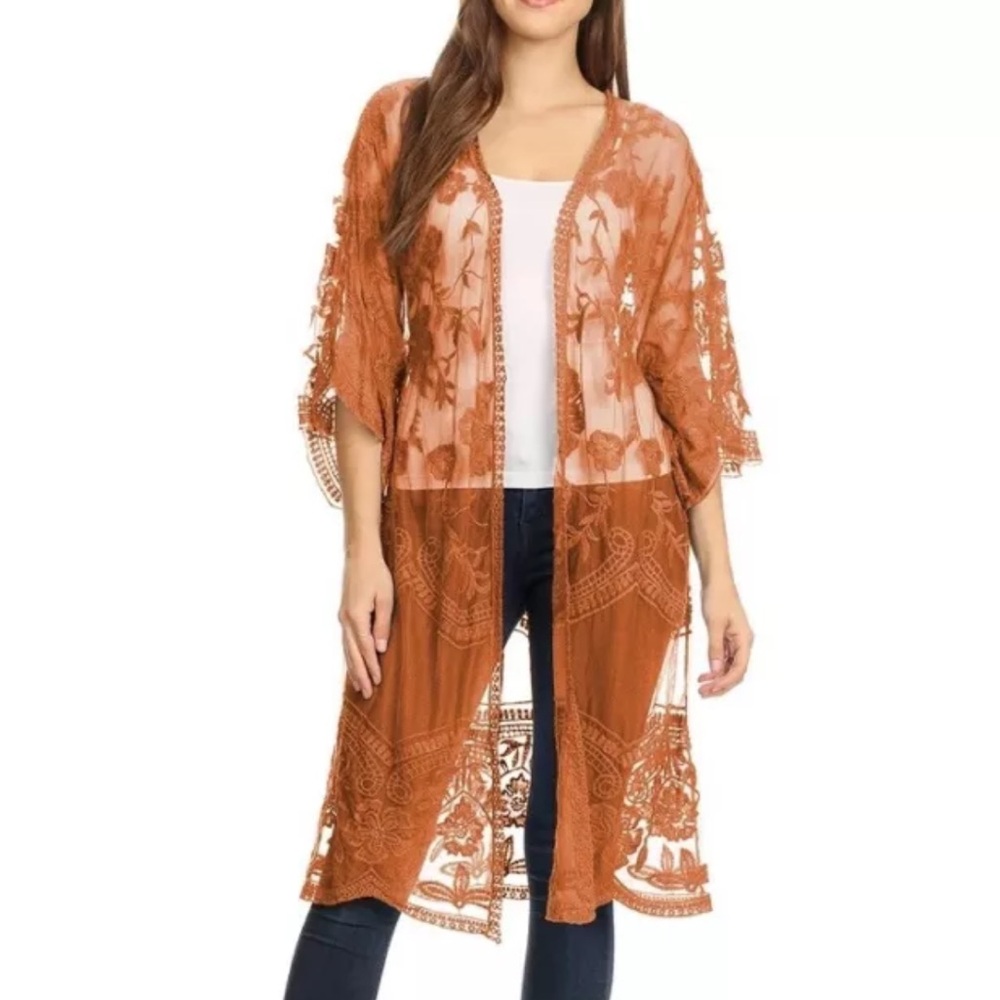 Woman Plus 2X Elegant Sheer Embroider Lace Kimono Rustic Orange Fall Cover Up